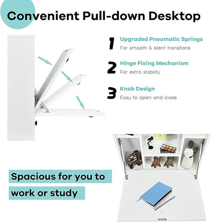 2 in 1 Foldable Tabletop, Folding Wall Mount Laptop Storage Compartments Space Saving Floating Desk, Small, White