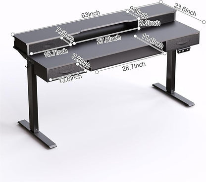 Electric Standing Desk, Multifunctional Standing Desk Adjustable Height, 63 * 24 Standing Desk with 4 Drawers, Ergonomic Adjustable Standing Desk with Keyboard Tray, Classic Black