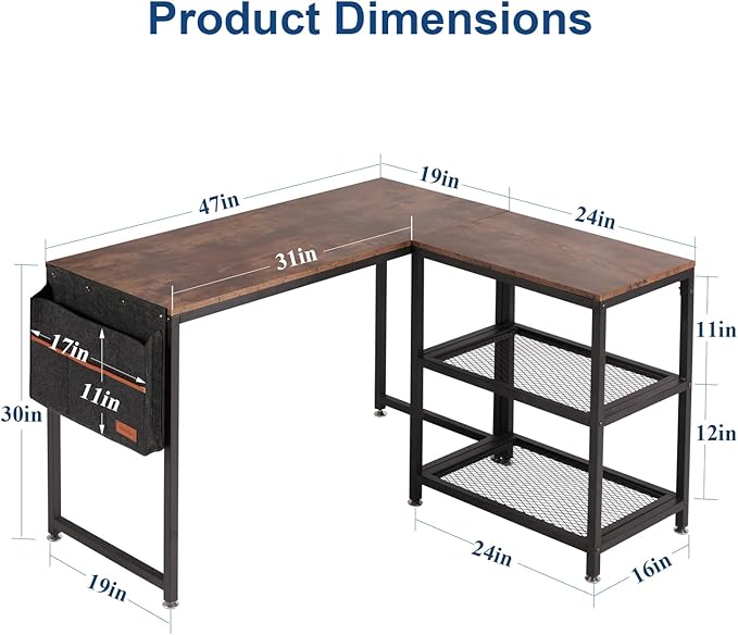 VECELO L Shaped Computer Gaming Corner Desk 47 Inch Study Writing Table, Home Office Workstation with Storage Shelves & Bag, Brown