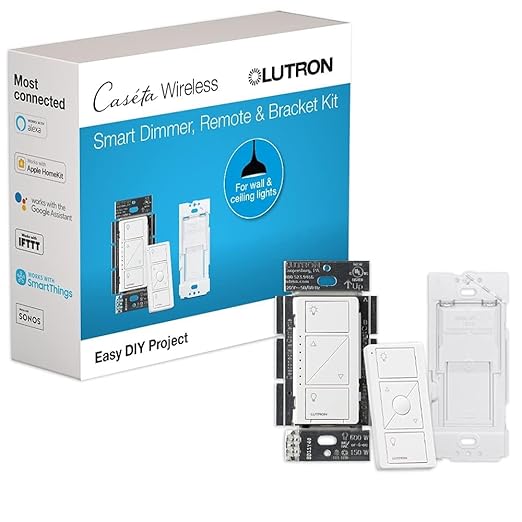 Lutron Caseta 3 Way Smart Dimmer Switch Kit, w/ Wireless 3 way Pico Remote and Bracket, Light Switch for LED Lights, No Neutral Required, P-PKG1WB-WH