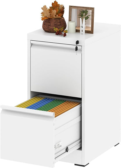 Vertical File Cabinet with Drawer, 2 Drawer File Cabinet with Lock, Filing Cabinets for Home Office, Hanging Files for A4/ Legal/Letter, White