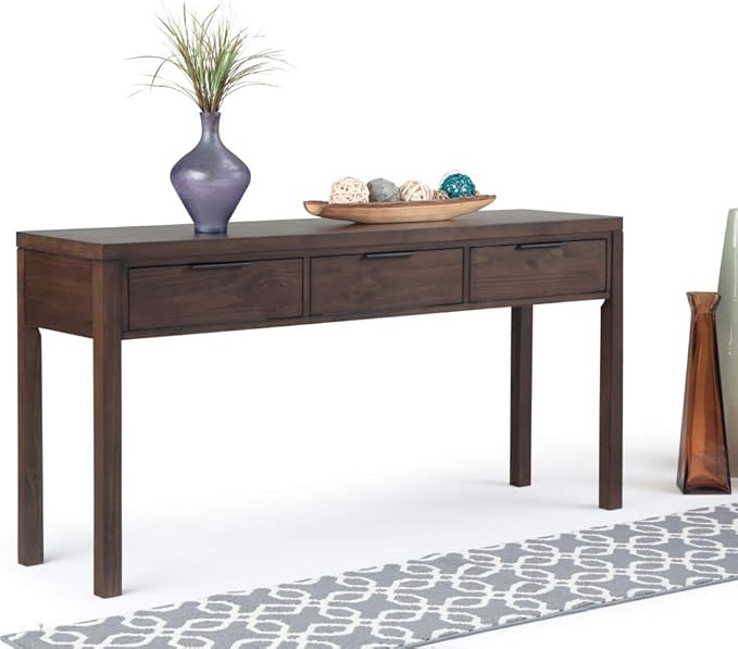 SIMPLIHOME Hollander SOLID WOOD 60 inch Wide Wide Console Sofa Entryway Table in Warm Walnut Brown with Storage, 3 Drawers , for the Living Room, Entryway and Bedroom