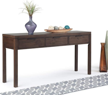 SIMPLIHOME Hollander SOLID WOOD 60 inch Wide Wide Console Sofa Entryway Table in Warm Walnut Brown with Storage, 3 Drawers , for the Living Room, Entryway and Bedroom