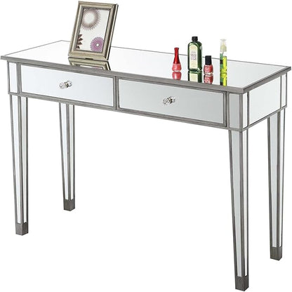 Convenience Concepts Gold Coast Mirrored Desk 42" - Console Table with 2 Drawers for Storage in Living Room, Office, Antique Silver/Mirror
