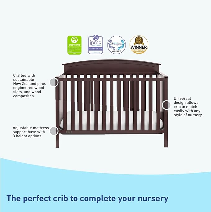 Graco Benton 5-in-1 Convertible Crib (Espresso) – GREENGUARD Gold Certified, Converts from Baby Crib to Toddler Bed, Daybed and Full-Size Bed, Fits Standard Full-Size Crib Mattress