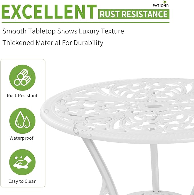 Bistro Table and Chairs Set of 2, Patio Furniture Bistro Set, Cast Aluminum Bistro Set 3 Piece Outdoor with Umbrella Hole for Balcony