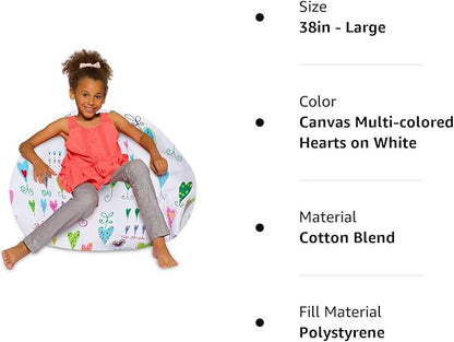 Posh Creations Bean Bag Chair for Kids, Teens, and Adults Includes Removable and Machine Washable Cover, Canvas Multi-Colored Hearts on White, 38in - Large
