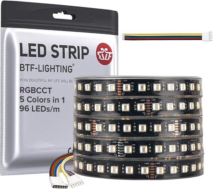 BTF-LIGHTING RGBCCT 5 Colors in 1 LED Tape Lights 5050SMD RGBWW RGB+Dimmable Color Temperature 2700K-6500K 16.4ft 96LED/m 480LED IP67 DC24V Black PCB for Home Decoration(No Adapter or Controller)