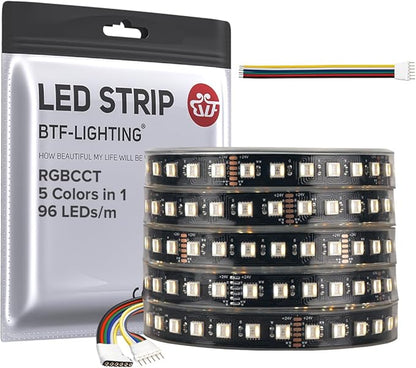 BTF-LIGHTING RGBCCT 5 Colors in 1 LED Tape Lights 5050SMD RGBWW RGB+Dimmable Color Temperature 2700K-6500K 16.4ft 96LED/m 480LED IP67 DC24V Black PCB for Home Decoration(No Adapter or Controller)