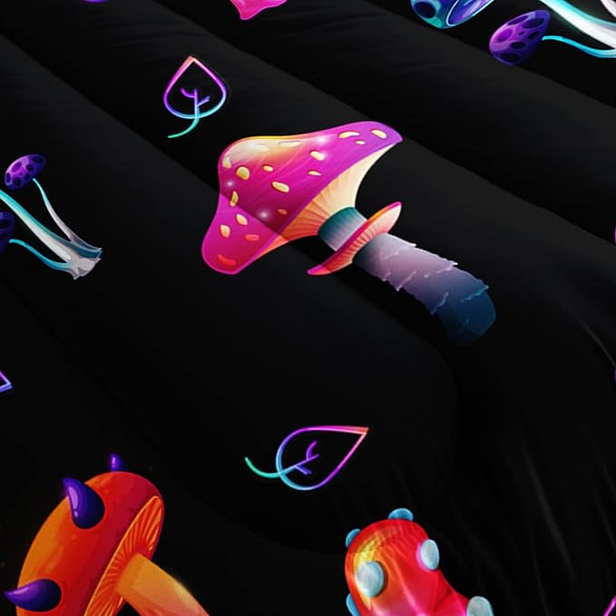 Colorful Mushroom Comforter Set Full Size Kids Mushroom Bedding Set Leaves Quilt Bed Set for Boys Girls Adults with 1 Comforter and 2 Pillowcases