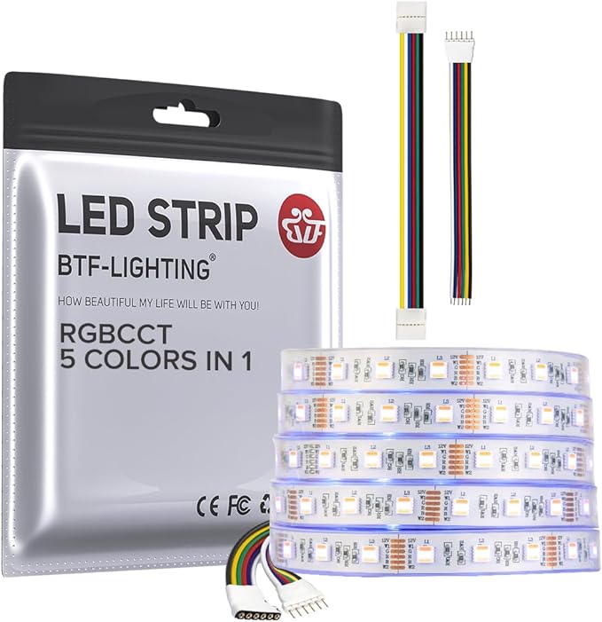 BTF-LIGHTING RGBCCT 5 Colors in 1 LED 5050SMD RGBWW RGB+Dimmable Tunable Color Temperature 2700K-6500K 16.4ft 60LEDs/m 300LEDs DC12V Multi-Colored Tape Lights IP67 White PCB(No Adapter or Controller)