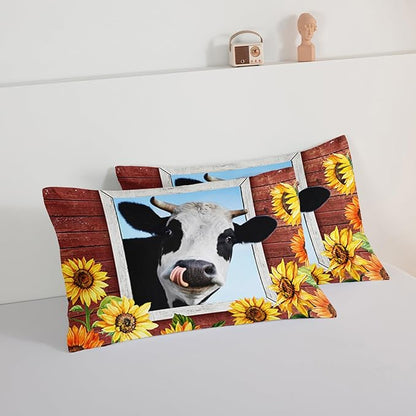 HOSIMA Farmhouse Animal Cow Comforter with 2 Pillowcases,Wooden Decor Terracotta Comforter Twin Bed in a Bag Sets for Adults Teens,Cow Print Bedding Room Decor,Sunflower Comforter Set.