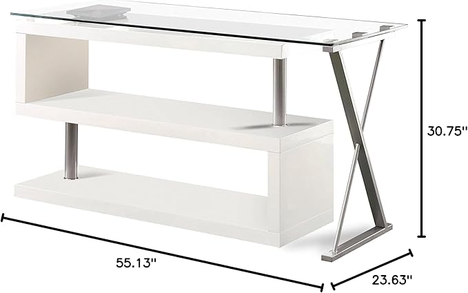 Furniture of America Lilliana Swivel Glass Top S-Shaped Writing Desk for Home Office, Studying Room, White