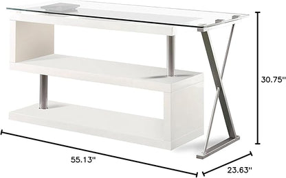 Furniture of America Lilliana Swivel Glass Top S-Shaped Writing Desk for Home Office, Studying Room, White