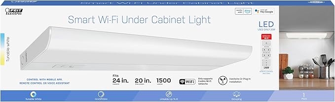 Feit Electric Under Cabinet Lighting 20" LED Light Fixture, Works with Alexa/Google Home, Frost Lens Kitchen Cupboard Night Light, Linkable up to 8, 20 Watts, 90 CRI, 1500 Lumens, White UCL24/CCTCA/AG