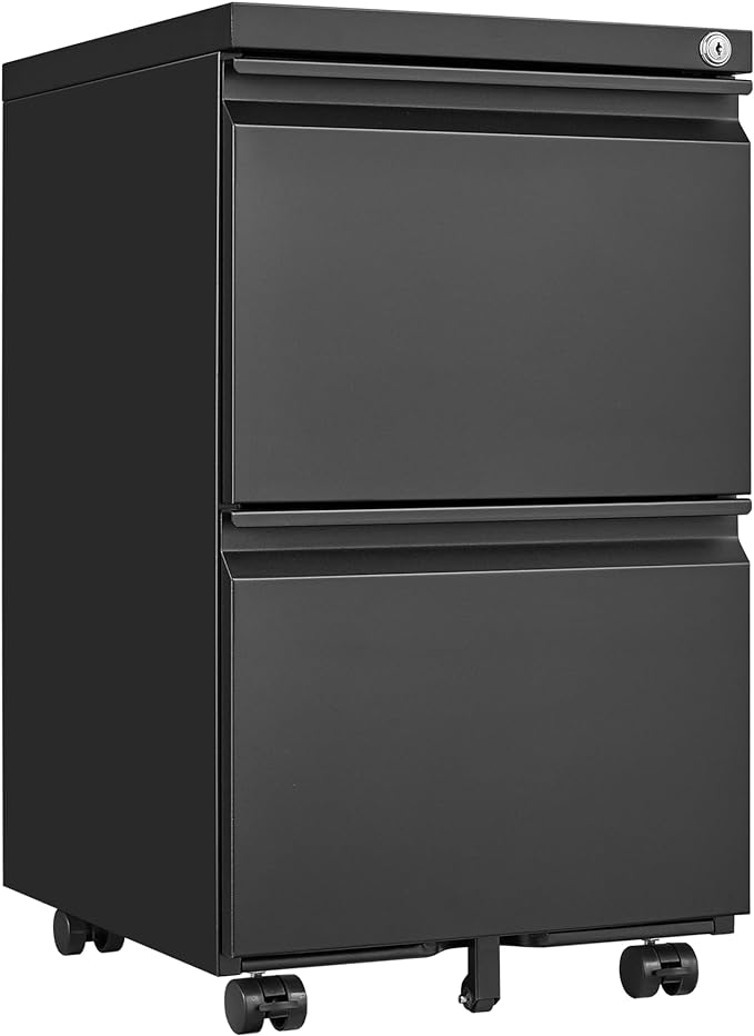 2 Drawer Mobile Lock and Casters,Pre-Assembled Metal Office Storage Filing Cabinets w/Anti-Dumping Fifth Round,for Letter/Legal/A4 Size,Black