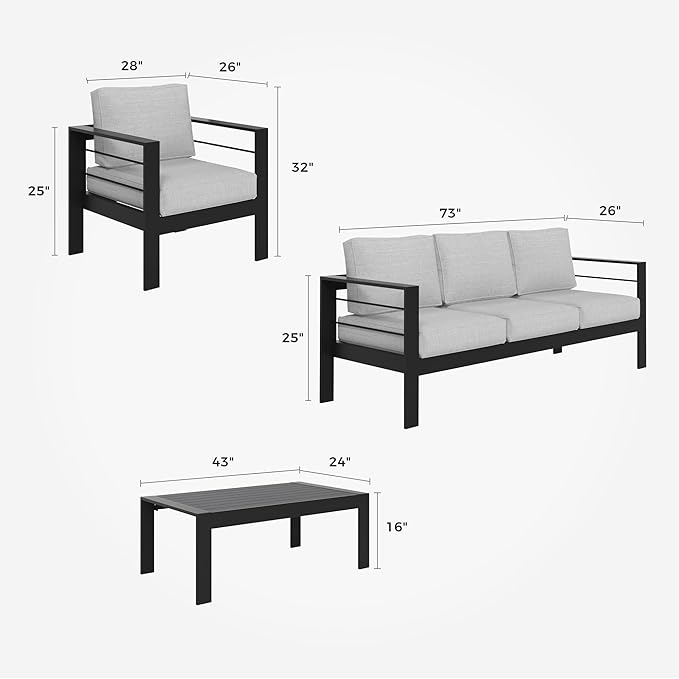 Solaste Aluminum Patio Furniture Set, 4 Pcs Modern Outdoor Conversation Set Sectional Sofa with Upgrade Cushion and Coffee Table,Black Frame and Grey Cushion