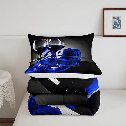 Girly 3D Rose Queen Comforter Set for Teens Rose Floral Wine Glass Bedding Sets Bedroom Decor Blue Flowers Down Comforter Couple Valentine's Day Duvet Insert Black Grey Quilted Comforter, 3Pcs