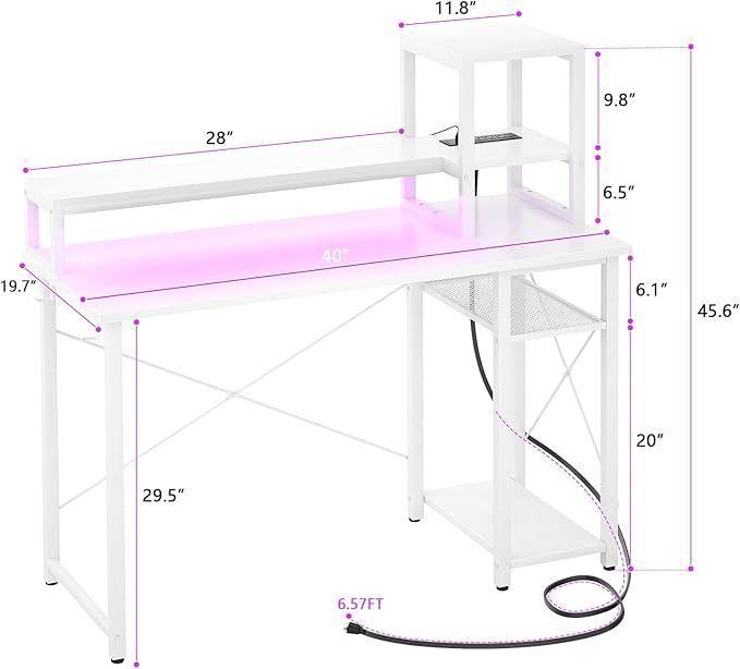 armocity 2024 Upgrade Gaming Desk with LED Lights, Small Computer Desk with Long Monitor Stand, 40'' Reversible Laptop Table with Storage Shelves, Small Desk for Small Spaces, Gaming Room, White