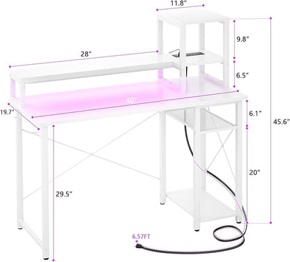 armocity 2024 Upgrade Gaming Desk with LED Lights, Small Computer Desk with Long Monitor Stand, 40'' Reversible Laptop Table with Storage Shelves, Small Desk for Small Spaces, Gaming Room, White