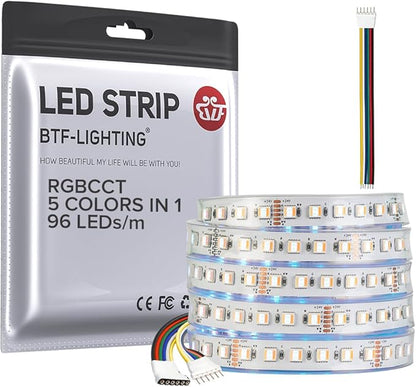 BTF-LIGHTING RGBCCT 5 Colors in 1 LED Tape Lights 5050SMD RGBWW RGB+Dimmable Color Temperature 2700K-6500K 16.4ft 96LED/m 480LED IP67 DC24V White PCB for Home Decoration(No Adapter or Controller)