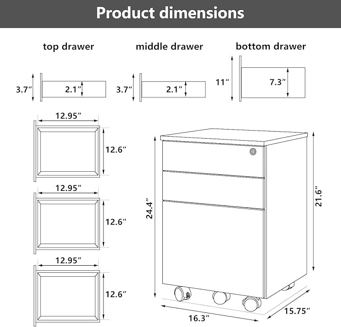 TOPSKY 3 Drawers Wood Mobile File Cabinet Fully Assembled Except Castors (Rustic Brown, 16.3x15.7x24.4)