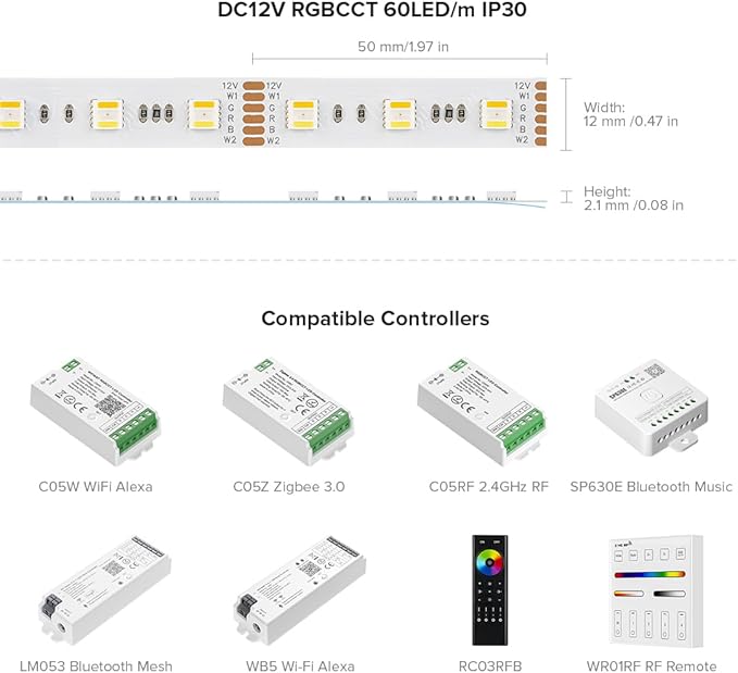 BTF-LIGHTING RGBCCT 5 Colors in 1 LED 5050SMD RGBWW RGB+Dimmable Tunable Color Temperature 2700K-6500K 16.4ft 60LEDs/m 300LEDs DC12V Multi-Colored Tape Lights IP30 White PCB(No Adapter or Controller)