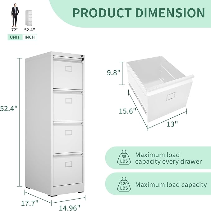 4 Drawer File Cabinet, Metal Vertical File Cabinets with Lock for Home Office, Heavy Duty Office Steel Filing Cabinet for Hanging Files for A4/ Legal/Letter,Assembly Required (White)