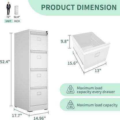 4 Drawer File Cabinet, Metal Vertical File Cabinets with Lock for Home Office, Heavy Duty Office Steel Filing Cabinet for Hanging Files for A4/ Legal/Letter,Assembly Required (White)