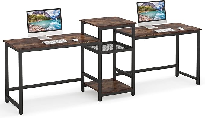 Tribesigns 96.9" Double Computer Desk with Printer Shelf, Extra Long Two Person Desk Workstation with Storage Shelves, Large Office Desk Study Writing Table for Home Office, Dark Brown