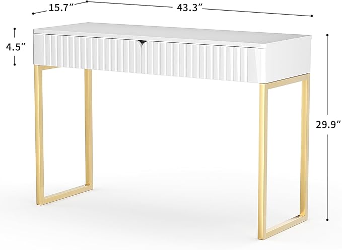Elegant Modern Desk, 2 Drawers, Gold Legs, 43.3x15.75 inches, Home Office, Makeup Vanity, Computer, Writing, Study, Entryway, Sofa Table