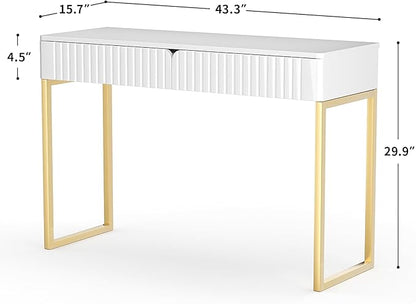 Elegant Modern Desk, 2 Drawers, Gold Legs, 43.3x15.75 inches, Home Office, Makeup Vanity, Computer, Writing, Study, Entryway, Sofa Table