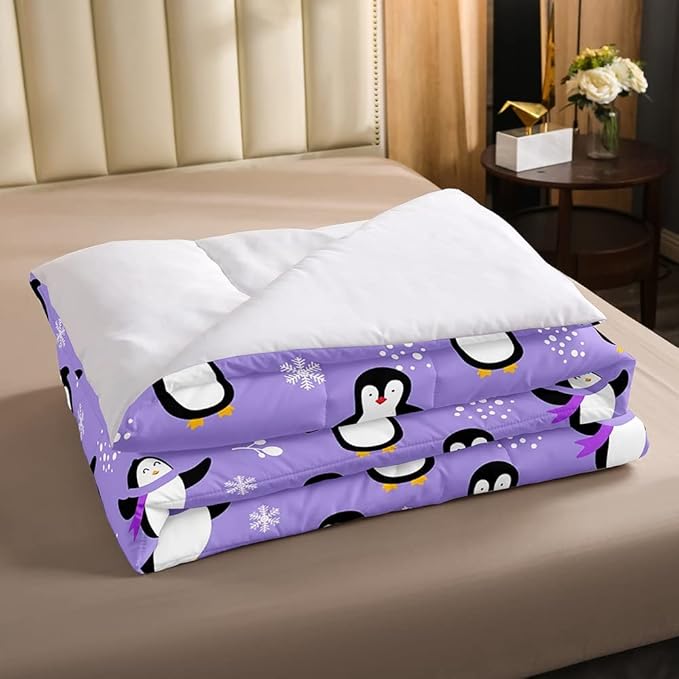 Penguin Comforter Set Twin Size Kawaii Penguin Down Comforter Antarctic Animal Bedding Set for Kids Boys Girls Teens Cartoon Cute Winter Quilt Set Snowflake Pattern Duvet Set Room Decor, Purple
