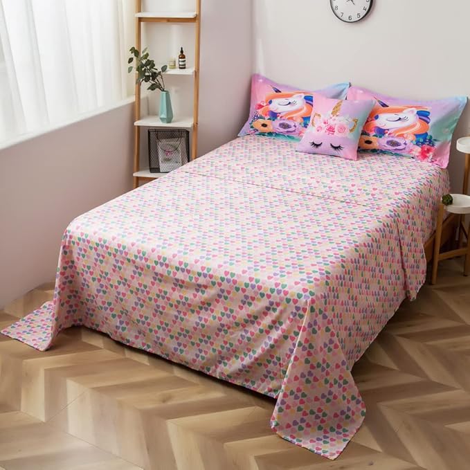 ADASMILE A & S Unicorn Bedding Twin for Girls Unicorn Bed Set Pink Unicorn Comforter Set Twin 6Pieces Girls Bed in A Bag Comforter with Hearts Sheets Reversible Unicorn Bed Sheets Home Unicorn Decor