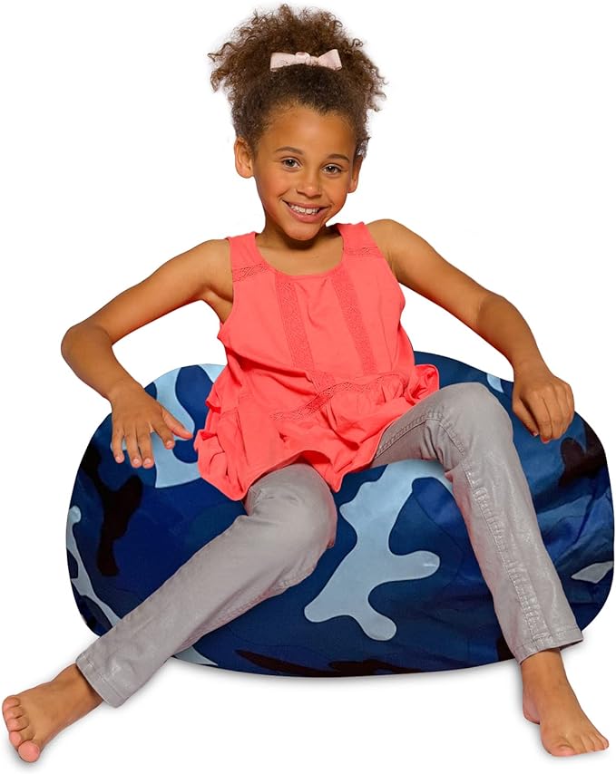 Posh Creations Bean Bag Chair for Kids, Teens, and Adults Includes Removable and Machine Washable Cover, Soft Nylon - Camo Blue and Light Blue, 27in - Medium