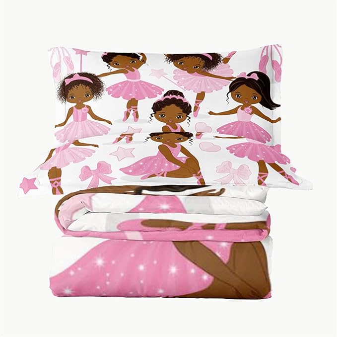Queen Bedding Sets for Girls, African American Magic Comforter Set with Ballet Dancer, Pink Bed Set for Toddler Kids Teens, Little Girls Bedroom Decor