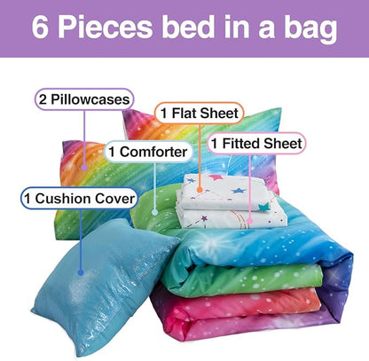 Btargot Super Soft 6 Pieces Gradient Star Ring Comforter Set, Colorful Glitter Rainbow Star Pattern Bedding Set for Boys Girls Teens,Queen Multicolor