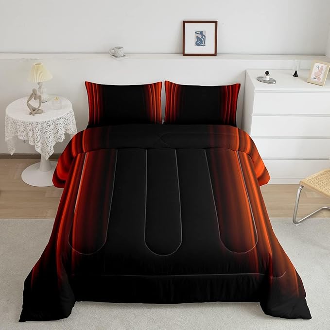 Geometric Abstract Ombre Comforter Set Kids Teens Orange Red and Black Striped Bedding Bed Set Decor Modern Fashion Comforter Inner Fill Bedroom Collection 3Pcs Full Size