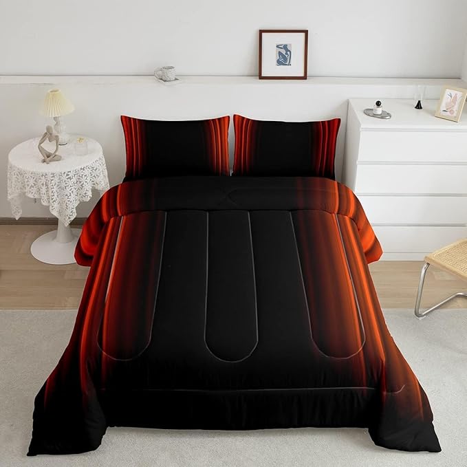 Geometric Abstract Ombre Comforter Set Kids Teens Orange Red and Black Striped Bedding Bed Set Decor Modern Fashion Comforter Inner Fill Bedroom Collection 3Pcs Queen Size