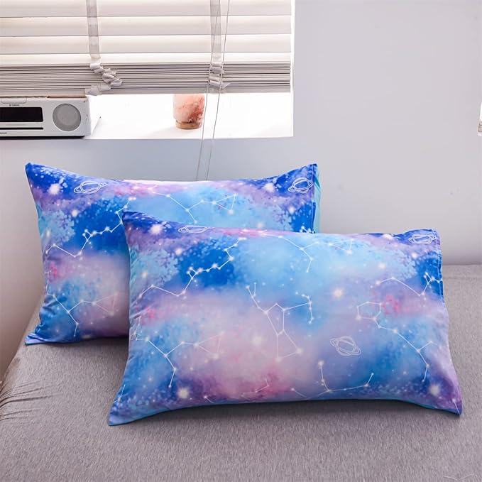 Holawakaka Tie Dye Constellation Print Ombre Comforter Set Queen Size Boys Girls Gradient Galaxy Bedding Set (Blue Purple, Queen)