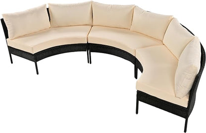 Merax Patio Furniture Sets Outdoor, All Weather Half-Moon Sectional PE Rattan Sofa with Cushions, Beige