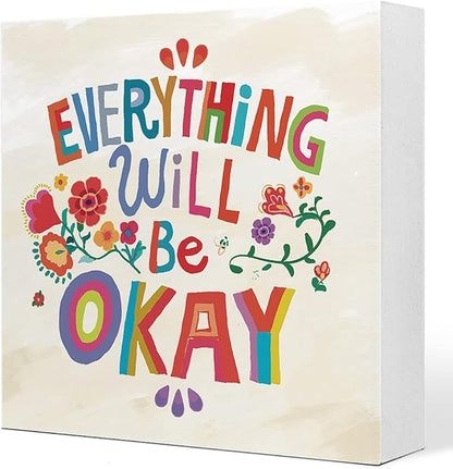 Ruvoty Everything Will Be Okay Colorful Word Art Wooden Sign Desk Decor,Inspirational Wood Block Sign Desk Decorations for Home Bedroom Dorm Office Desk Shelf Table Decor