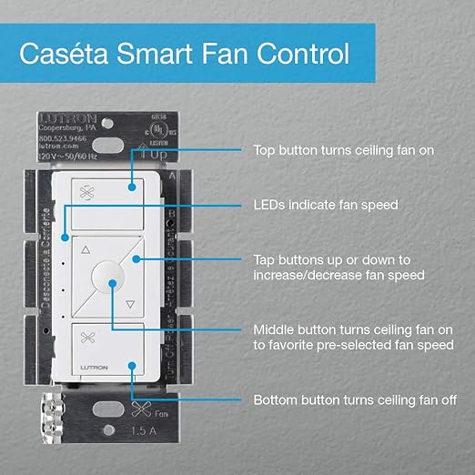 Lutron Caseta Smart Fan Speed Control Switch (Lutron Smart Hub Required), Single-Pole, PD-FSQN-IV, Ivory