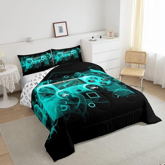 Feelyou Kids Gamer Comforter Set King Size Teens Gamepad Bedroom Decor for Boys Girls Video Game Controller Bedding Set Youth Gaming Console Comforter Blue Black Geometry with 2 Pillow Case