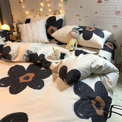 Black Floral Comforter Set Black and White Bedding Queen Comforter Set Flowers Cotton Women Modern Elegant Chic Quilts Blankets Lightweight Black Flower Reversible Bed Comforter Set
