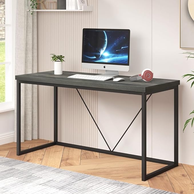 55 inch Computer Desk, Vintage Work Desk for Home Office, Rustic Wood and Metal Study Writing Table, Grey