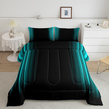 Geometric Abstract Ombre Comforter Set Kids Teens Teal and Black Striped Bedding Bed Set Decor Modern Fashion Comforter Inner Fill Bedroom Collection 3Pcs Full Size