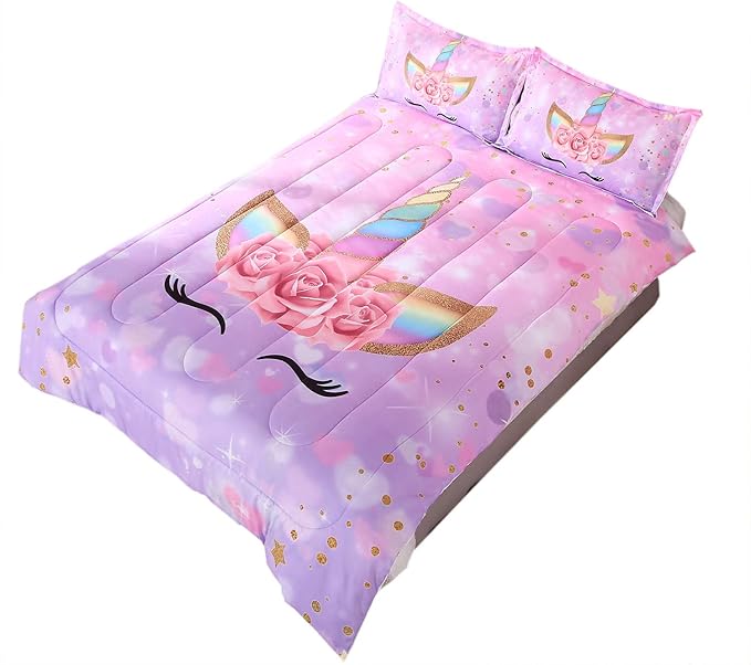 Unicorn Kid's Comforter Set 3pc Pink Flower Girl Soft Unicorn Bedding Sets