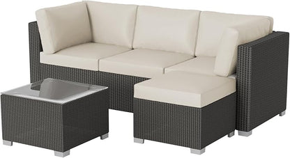 GAOMON 5-Piece Outdoor Patio Rattan Wicker Sofa Set, Pe Rattan Conversation Sectional with Thickened Back Cushion, Glass Tabletop, Ottoman - Ideal for Courtyard Space, Beige