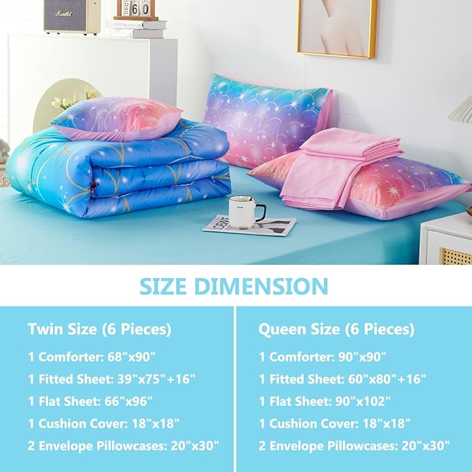 PERFEMET Mermaid Comforter Set for Girls 6 Pieces Rainbow Glitter Twin Size Kids Bedding Set Purple Pink Ombre Mermaid Scale Print Bed in A Bag Comforter Set with Sheets